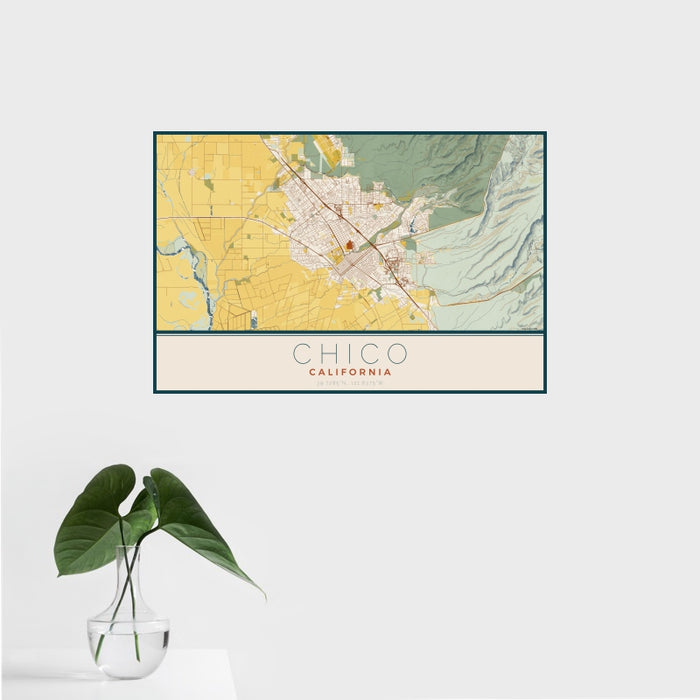 16x24 Chico California Map Print Landscape Orientation in Woodblock Style With Tropical Plant Leaves in Water
