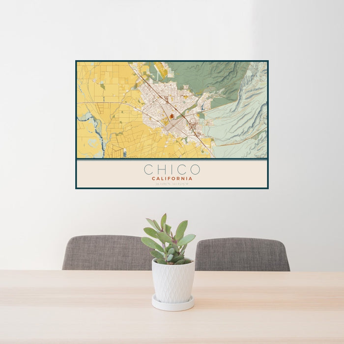 24x36 Chico California Map Print Landscape Orientation in Woodblock Style Behind 2 Chairs Table and Potted Plant