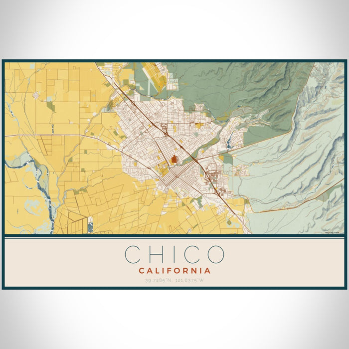 Chico California Map Print Landscape Orientation in Woodblock Style With Shaded Background