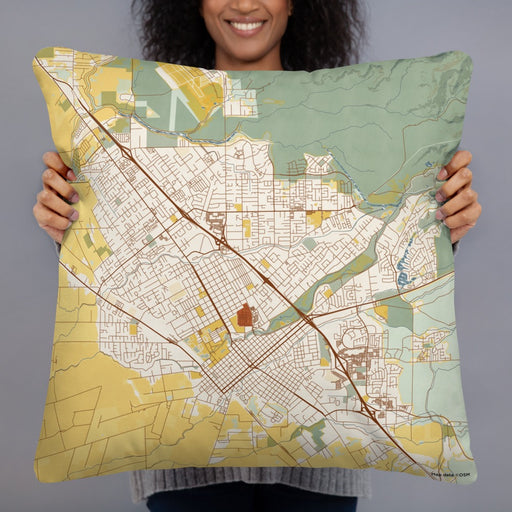 Person holding 22x22 Custom Chico California Map Throw Pillow in Woodblock