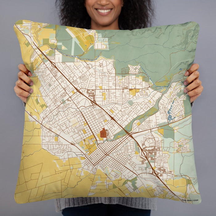 Person holding 22x22 Custom Chico California Map Throw Pillow in Woodblock