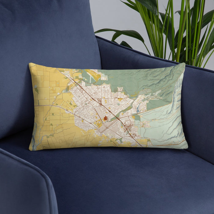 Custom Chico California Map Throw Pillow in Woodblock on Blue Colored Chair