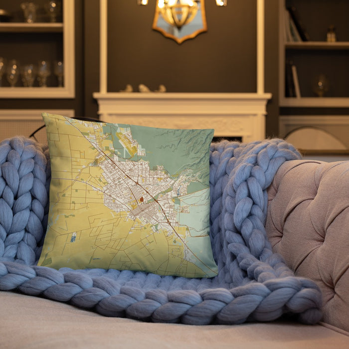 Custom Chico California Map Throw Pillow in Woodblock on Cream Colored Couch