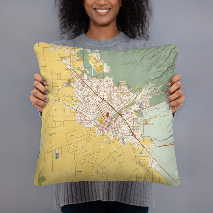 Person holding 18x18 Custom Chico California Map Throw Pillow in Woodblock