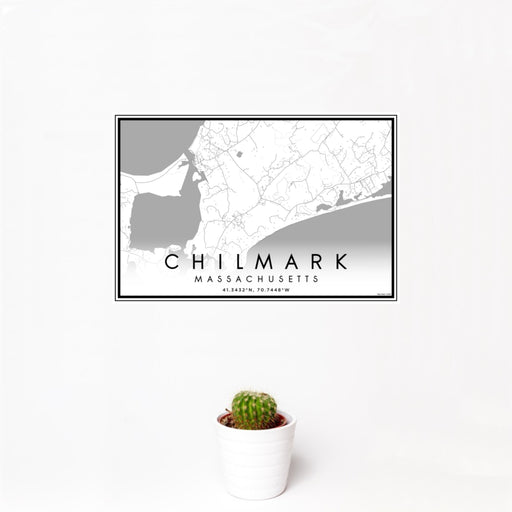 12x18 Chilmark Massachusetts Map Print Landscape Orientation in Classic Style With Small Cactus Plant in White Planter