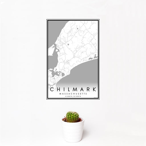 12x18 Chilmark Massachusetts Map Print Portrait Orientation in Classic Style With Small Cactus Plant in White Planter