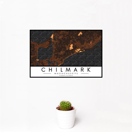 12x18 Chilmark Massachusetts Map Print Landscape Orientation in Ember Style With Small Cactus Plant in White Planter
