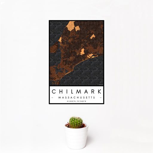 12x18 Chilmark Massachusetts Map Print Portrait Orientation in Ember Style With Small Cactus Plant in White Planter