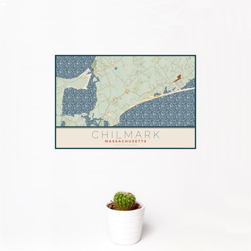 12x18 Chilmark Massachusetts Map Print Landscape Orientation in Woodblock Style With Small Cactus Plant in White Planter