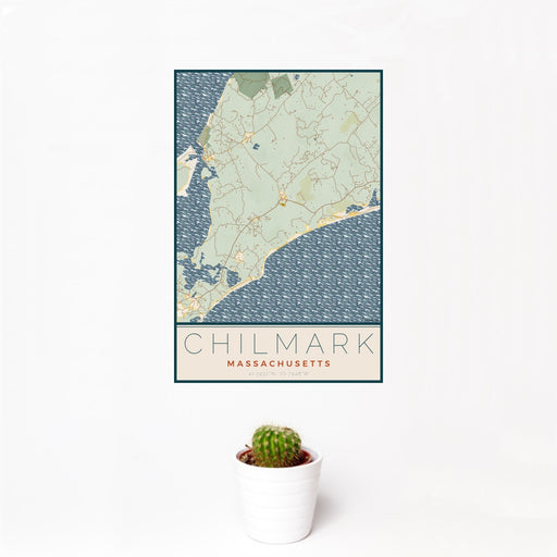 12x18 Chilmark Massachusetts Map Print Portrait Orientation in Woodblock Style With Small Cactus Plant in White Planter