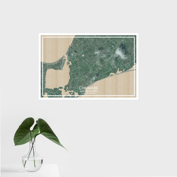 16x24 Chilmark Massachusetts Map Print Landscape Orientation in Afternoon Style With Tropical Plant Leaves in Water