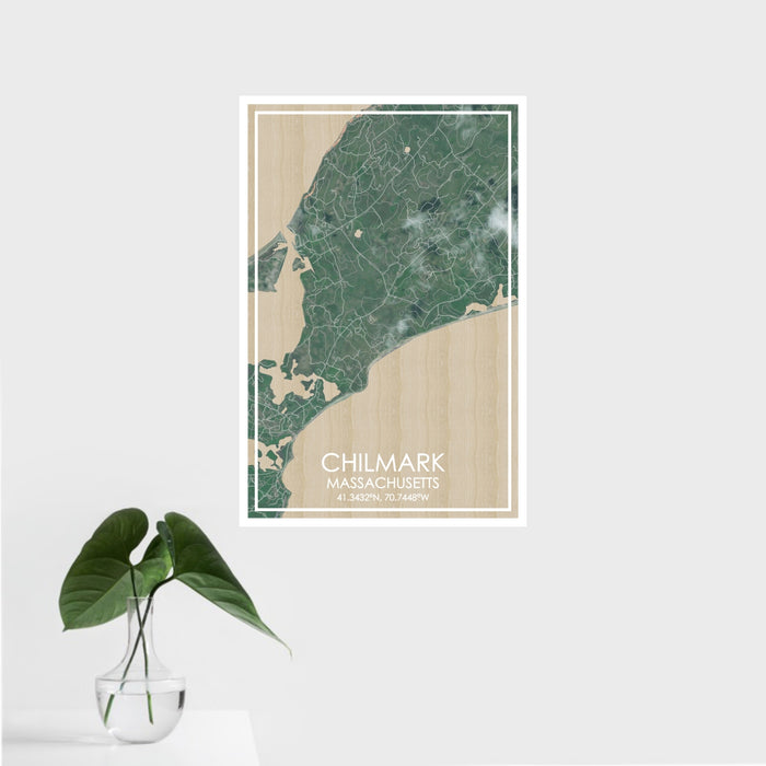 16x24 Chilmark Massachusetts Map Print Portrait Orientation in Afternoon Style With Tropical Plant Leaves in Water