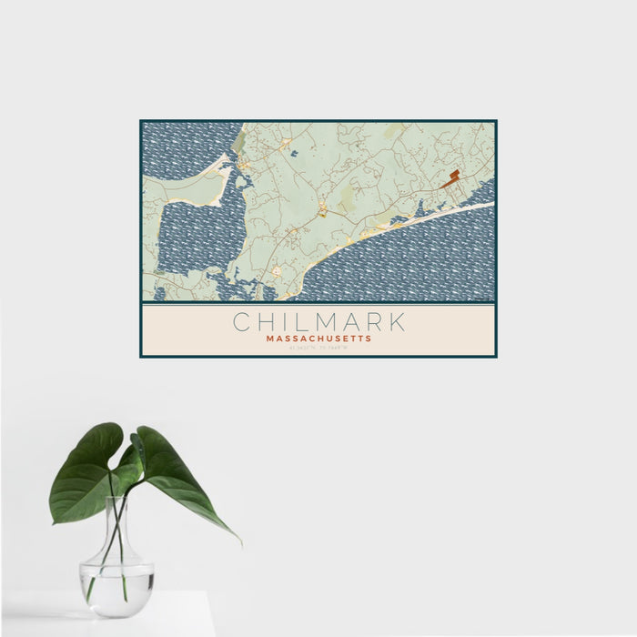 16x24 Chilmark Massachusetts Map Print Landscape Orientation in Woodblock Style With Tropical Plant Leaves in Water