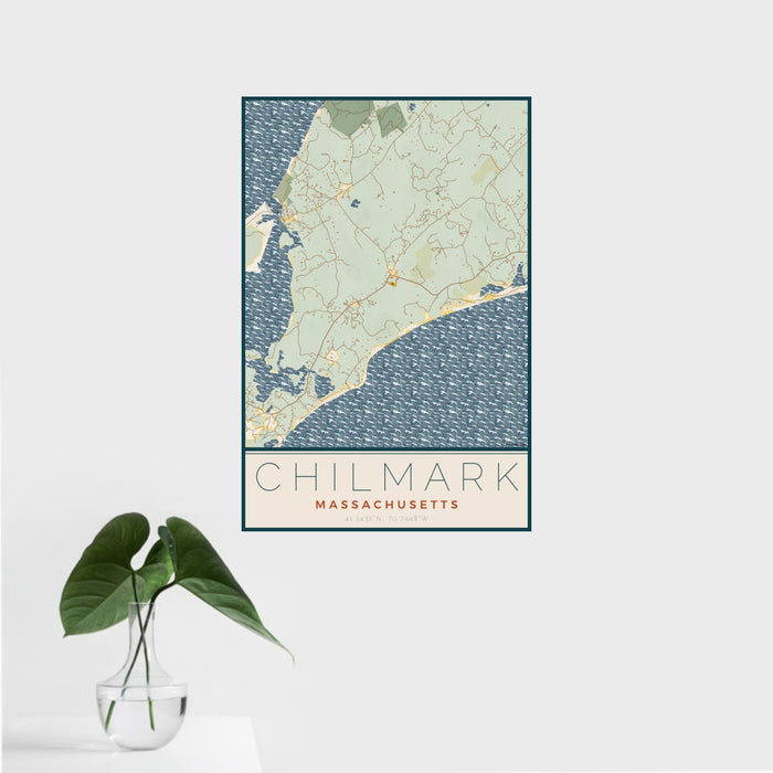16x24 Chilmark Massachusetts Map Print Portrait Orientation in Woodblock Style With Tropical Plant Leaves in Water