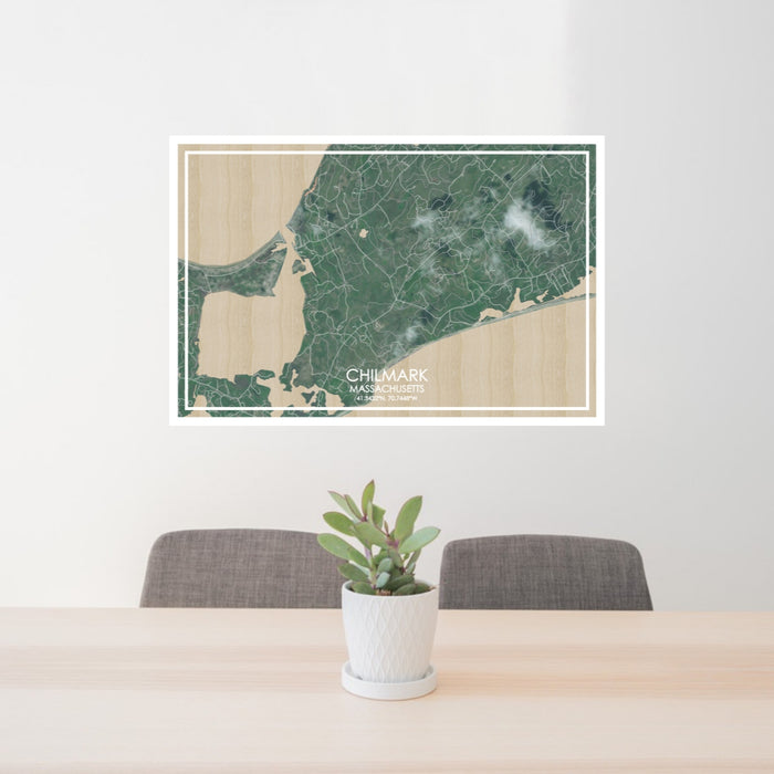 24x36 Chilmark Massachusetts Map Print Lanscape Orientation in Afternoon Style Behind 2 Chairs Table and Potted Plant