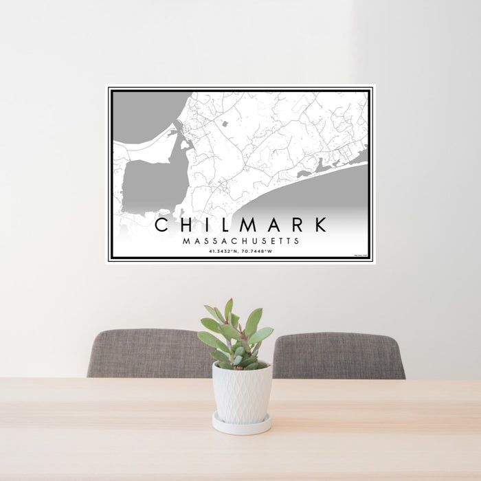 24x36 Chilmark Massachusetts Map Print Lanscape Orientation in Classic Style Behind 2 Chairs Table and Potted Plant