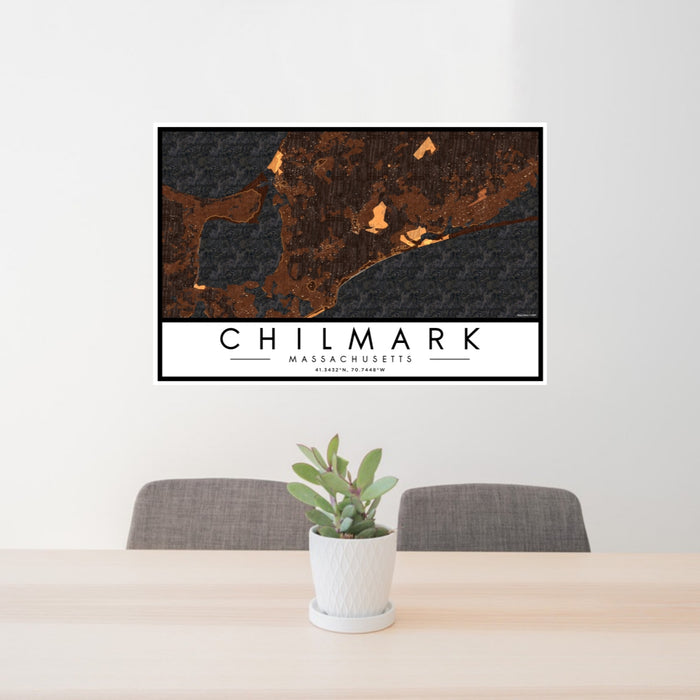 24x36 Chilmark Massachusetts Map Print Lanscape Orientation in Ember Style Behind 2 Chairs Table and Potted Plant