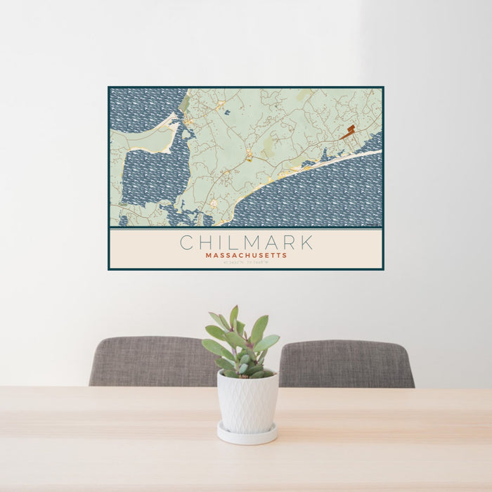 24x36 Chilmark Massachusetts Map Print Lanscape Orientation in Woodblock Style Behind 2 Chairs Table and Potted Plant