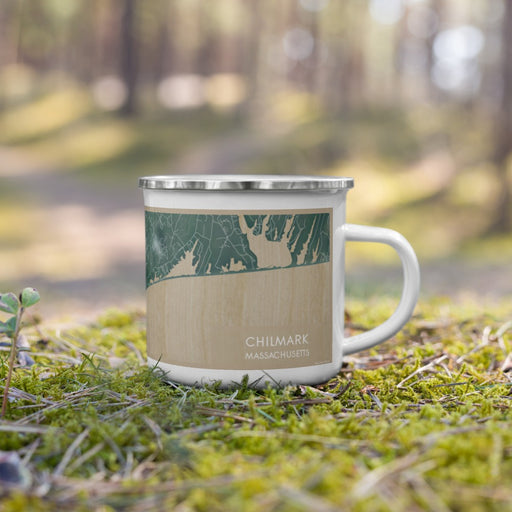 Right View Custom Chilmark Massachusetts Map Enamel Mug in Afternoon on Grass With Trees in Background