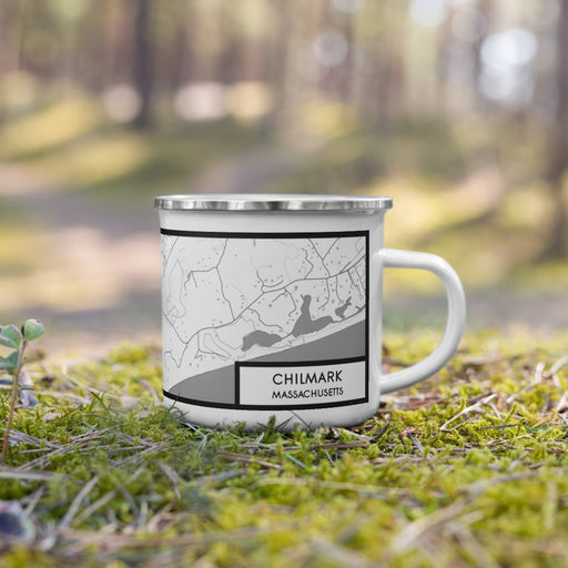 Right View Custom Chilmark Massachusetts Map Enamel Mug in Classic on Grass With Trees in Background