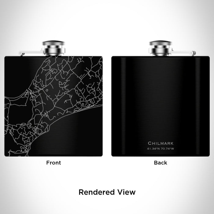 Rendered View of Chilmark Massachusetts Map Engraving on 6oz Stainless Steel Flask in Black