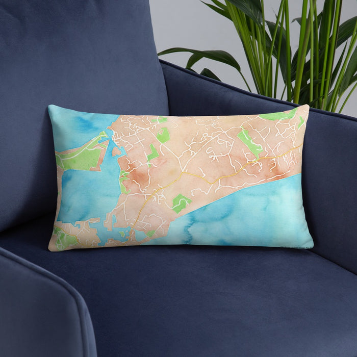 Custom Chilmark Massachusetts Map Throw Pillow in Watercolor on Blue Colored Chair