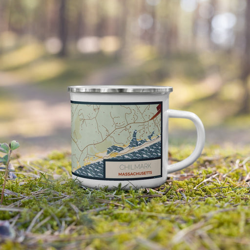 Right View Custom Chilmark Massachusetts Map Enamel Mug in Woodblock on Grass With Trees in Background