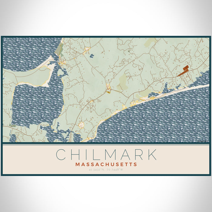 Chilmark Massachusetts Map Print Landscape Orientation in Woodblock Style With Shaded Background