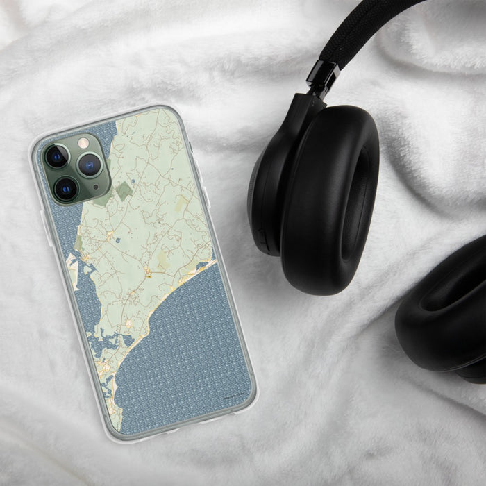Custom Chilmark Massachusetts Map Phone Case in Woodblock on Table with Black Headphones