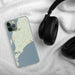 Custom Chilmark Massachusetts Map Phone Case in Woodblock on Table with Black Headphones