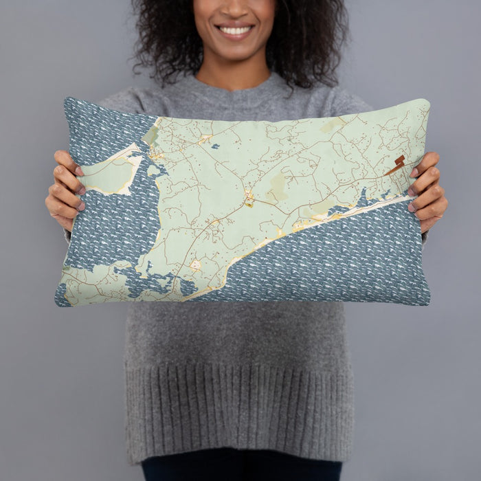 Person holding 20x12 Custom Chilmark Massachusetts Map Throw Pillow in Woodblock