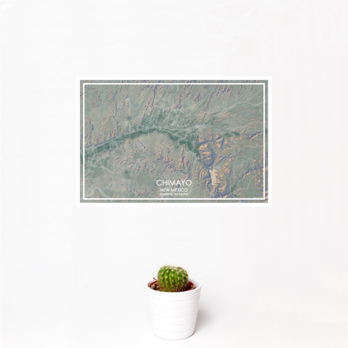 12x18 Chimayo New Mexico Map Print Landscape Orientation in Afternoon Style With Small Cactus Plant in White Planter