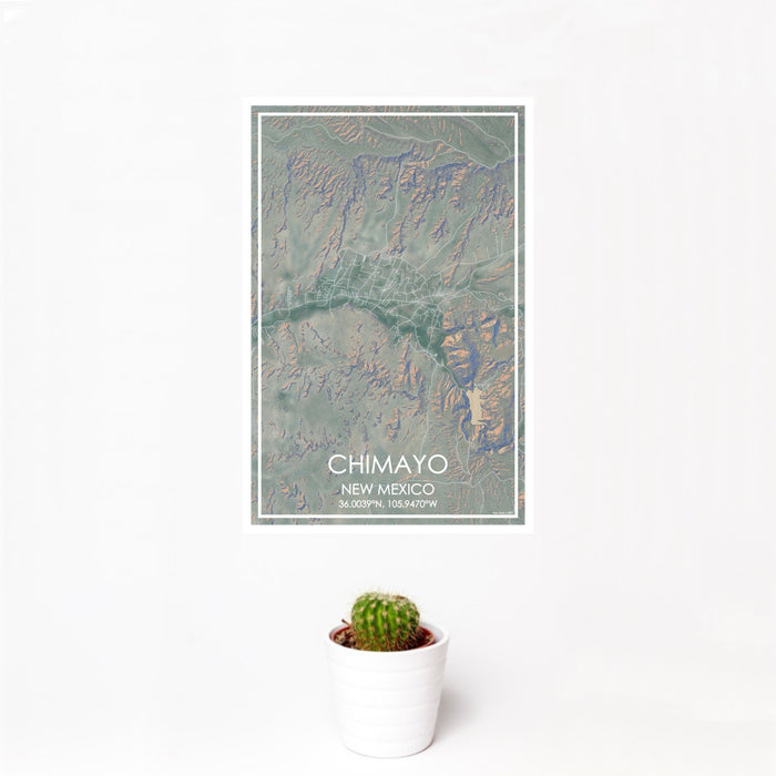 12x18 Chimayo New Mexico Map Print Portrait Orientation in Afternoon Style With Small Cactus Plant in White Planter