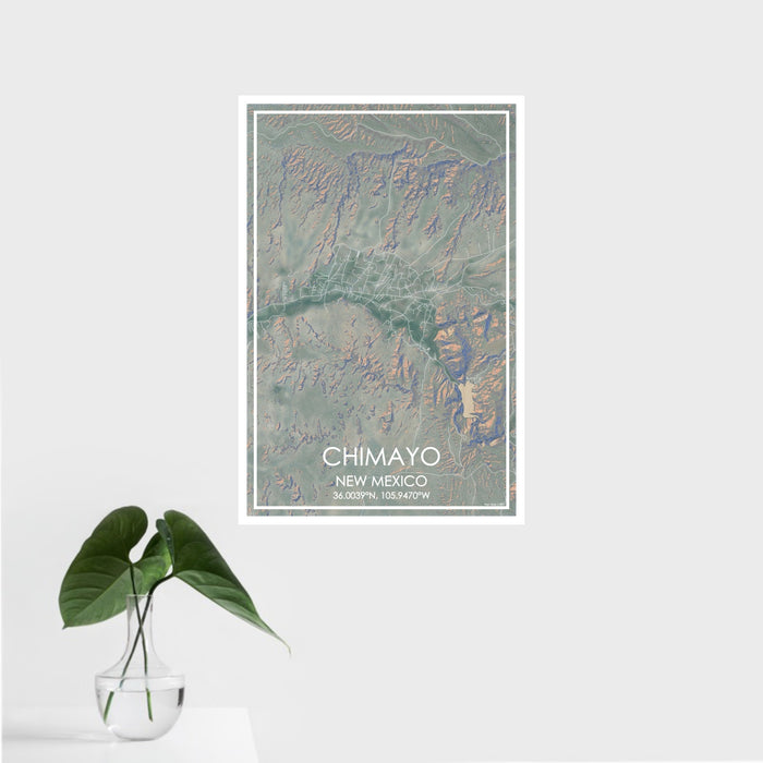 16x24 Chimayo New Mexico Map Print Portrait Orientation in Afternoon Style With Tropical Plant Leaves in Water