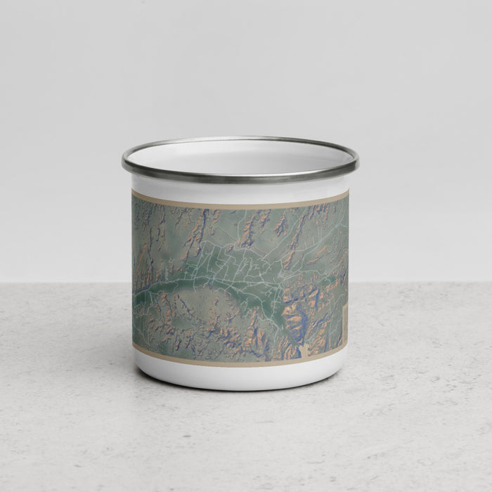 Front View Custom Chimayo New Mexico Map Enamel Mug in Afternoon