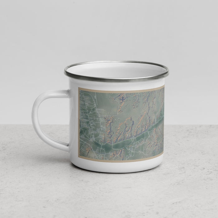 Left View Custom Chimayo New Mexico Map Enamel Mug in Afternoon