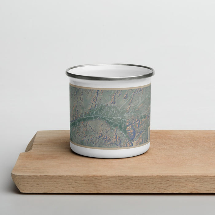 Front View Custom Chimayo New Mexico Map Enamel Mug in Afternoon on Cutting Board