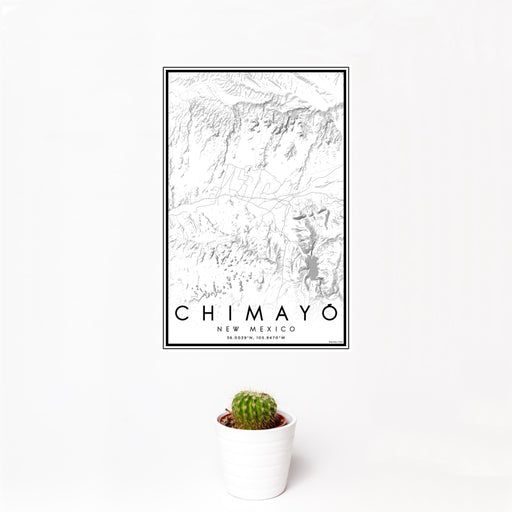 12x18 Chimayó New Mexico Map Print Portrait Orientation in Classic Style With Small Cactus Plant in White Planter