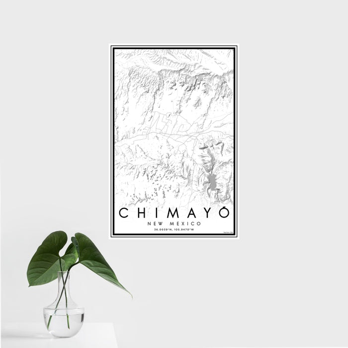 16x24 Chimayó New Mexico Map Print Portrait Orientation in Classic Style With Tropical Plant Leaves in Water