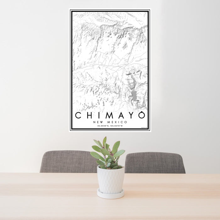 24x36 Chimayó New Mexico Map Print Portrait Orientation in Classic Style Behind 2 Chairs Table and Potted Plant
