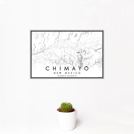 12x18 Chimayó New Mexico Map Print Landscape Orientation in Classic Style With Small Cactus Plant in White Planter