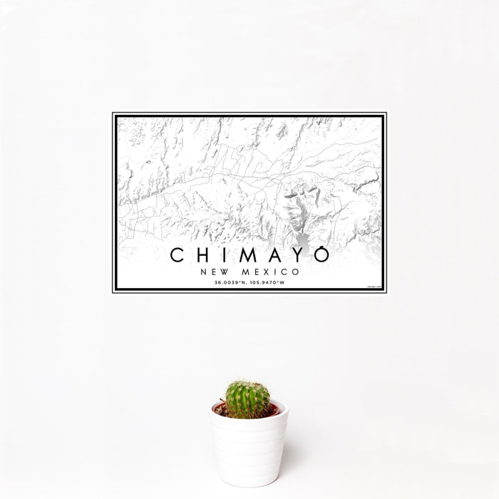 12x18 Chimayó New Mexico Map Print Landscape Orientation in Classic Style With Small Cactus Plant in White Planter
