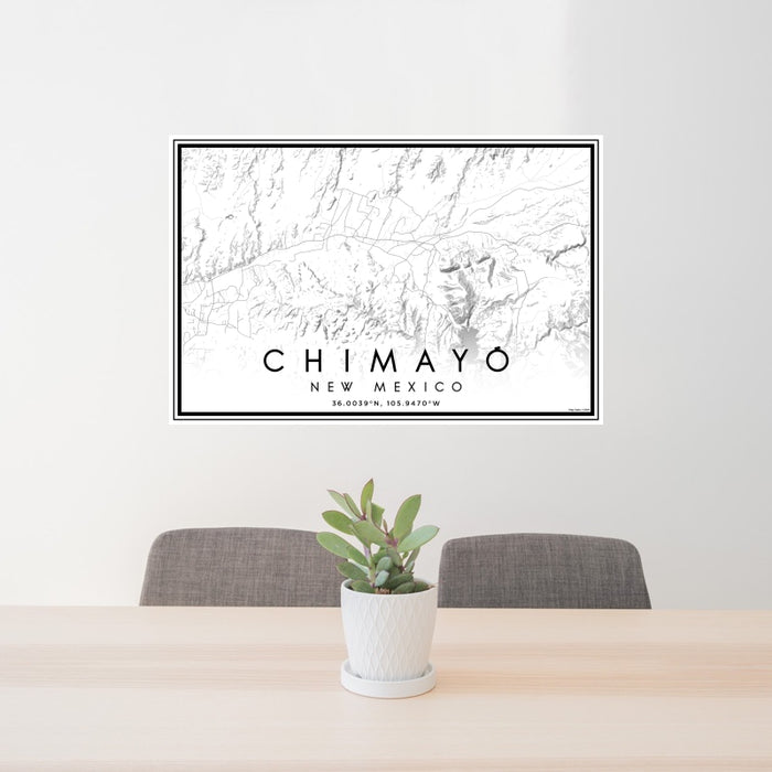 24x36 Chimayó New Mexico Map Print Landscape Orientation in Classic Style Behind 2 Chairs Table and Potted Plant