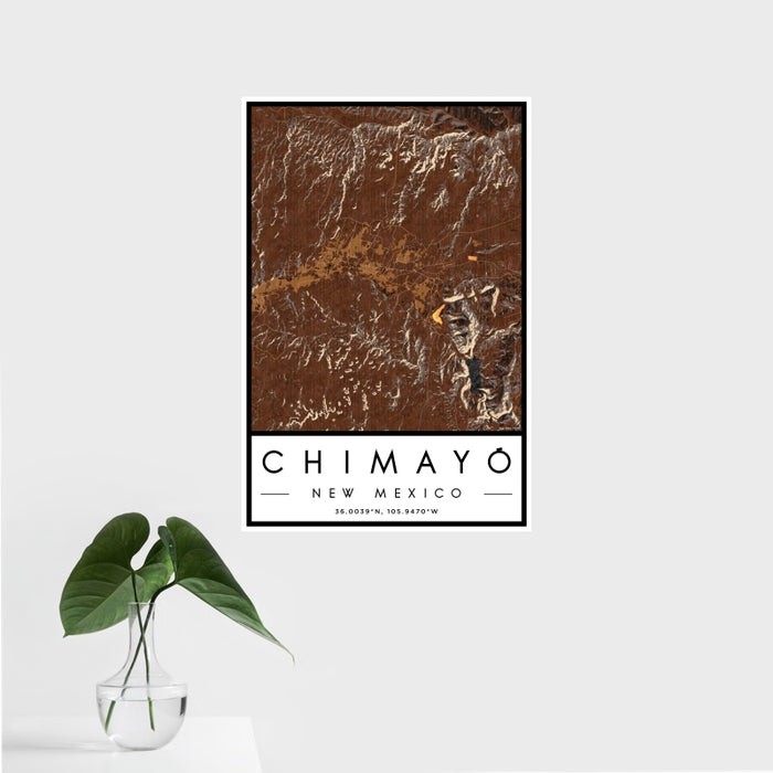 16x24 Chimayó New Mexico Map Print Portrait Orientation in Ember Style With Tropical Plant Leaves in Water