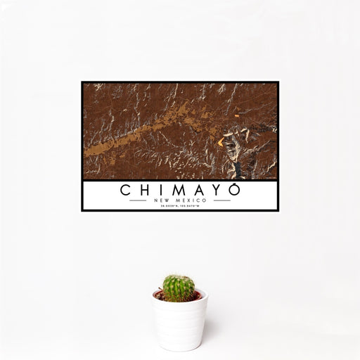 12x18 Chimayó New Mexico Map Print Landscape Orientation in Ember Style With Small Cactus Plant in White Planter
