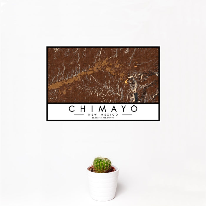 12x18 Chimayó New Mexico Map Print Landscape Orientation in Ember Style With Small Cactus Plant in White Planter