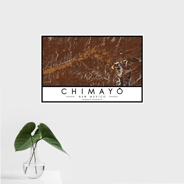 16x24 Chimayó New Mexico Map Print Landscape Orientation in Ember Style With Tropical Plant Leaves in Water