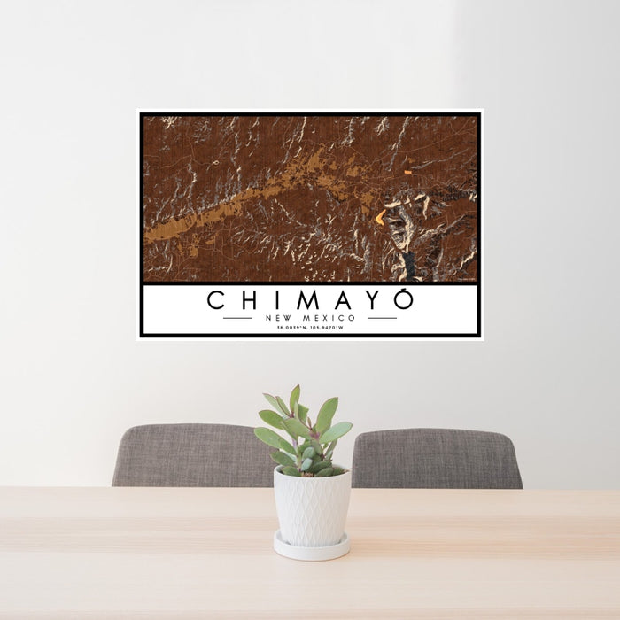 24x36 Chimayó New Mexico Map Print Landscape Orientation in Ember Style Behind 2 Chairs Table and Potted Plant