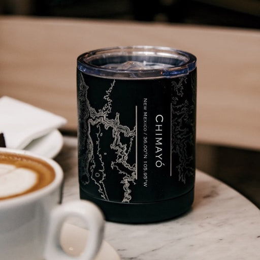Chimayó New Mexico Custom Engraved City Map Inscription Coordinates on 10oz Stainless Steel Insulated Cup with Sliding Lid in Black