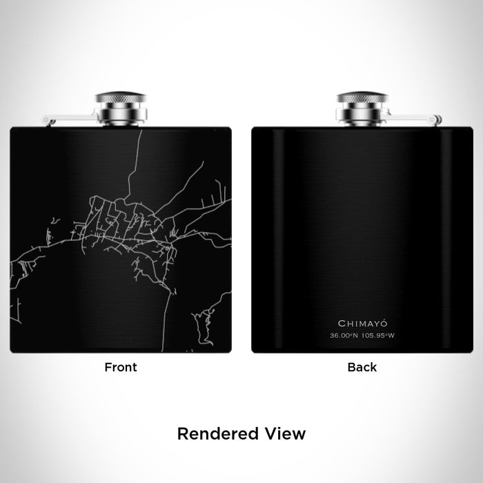 Rendered View of Chimayó New Mexico Map Engraving on 6oz Stainless Steel Flask in Black